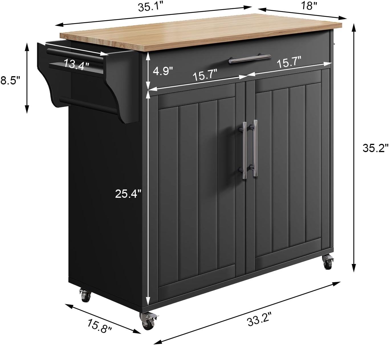 Kitchen Storage Island, Wooden Rolling Kitchen Island On Wheels with Countertop, Mobile Kitchen Island Cart with Towel Rack, Spice Rack and Drawers, Black