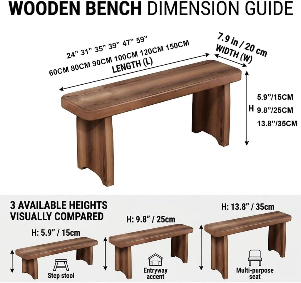 24-59 Inch Solid Wood Entryway Bench, Farmhouse Long End of Bed Bench, Indoor Dining Seat for Entrance, Bedroom, Living Room, Dining Room, Easy Assembly, Brown(L31xW7.9xH5.9inch)