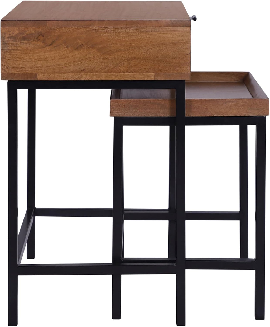 Casartis Living Atelier Nesting Side Table Set of 2 in Honey, Solid Mango Wood with Powder-Coated Iron, Drawer and Tray Top