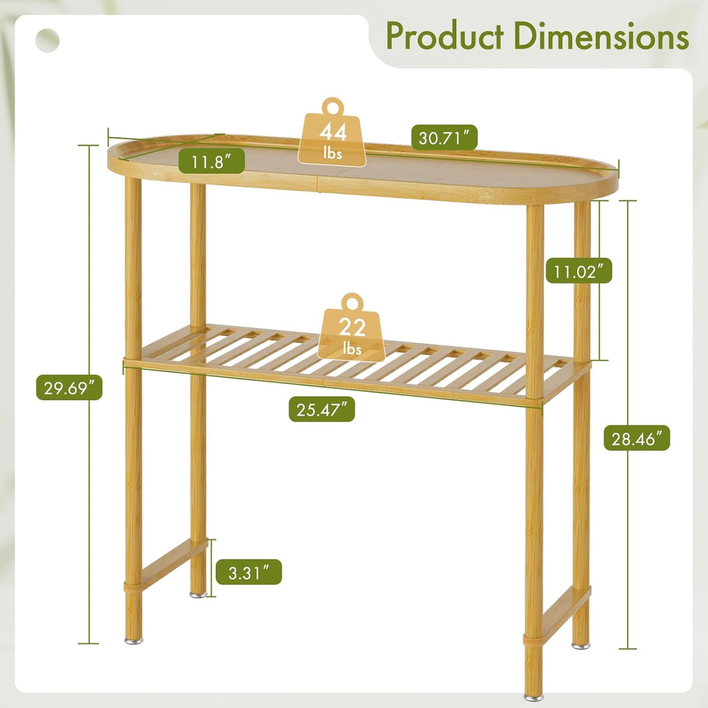 Small Entryway Table Bamboo 30.7", Narrow Hallway Table Oval Top 2-tier, Slim Console Table with Anti-fall Edge, Sofa Side Table 5min Easy Assembly, Small TV Stand for Bedroom, Indoor Plant Stand