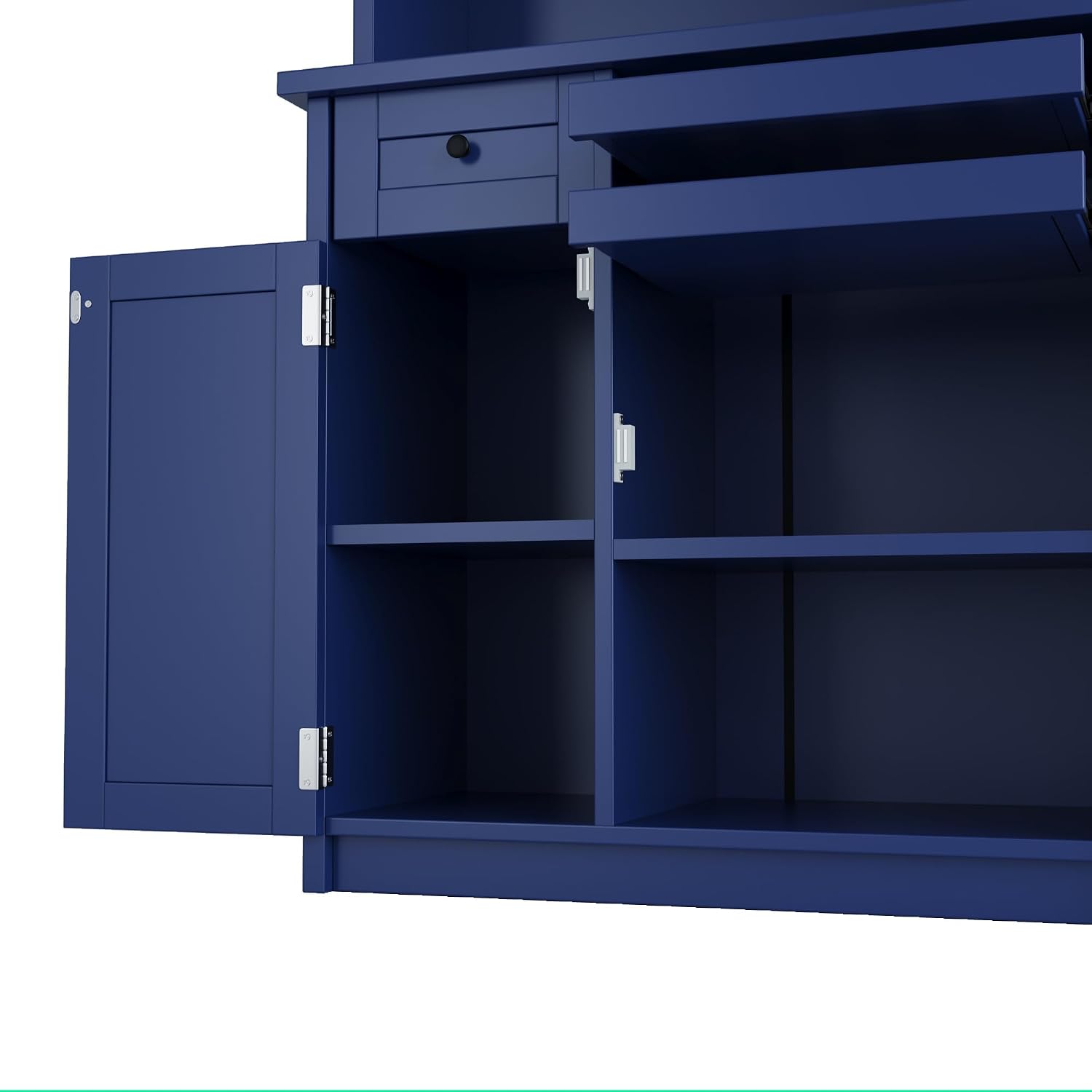 Farmhouse 35.4x17.7x74.8inch Freestanding Kitchen Pantry Cabinet with Hutch, Buffet with Wine Rack, Adjustable Shelves & Tempered Glass Doors, Tall Kitchen Storage Cabinet for Dining Room (Blue Color)