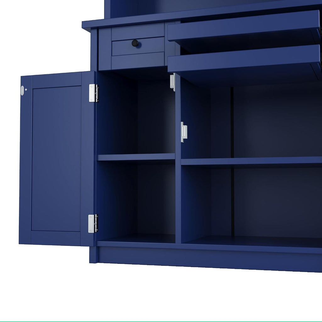 Farmhouse Freestanding Buffet with Hutch, Tall Kitchen Pantry with Wine Rack and Adjustable Shelves,for Dining Room (Blue-W)