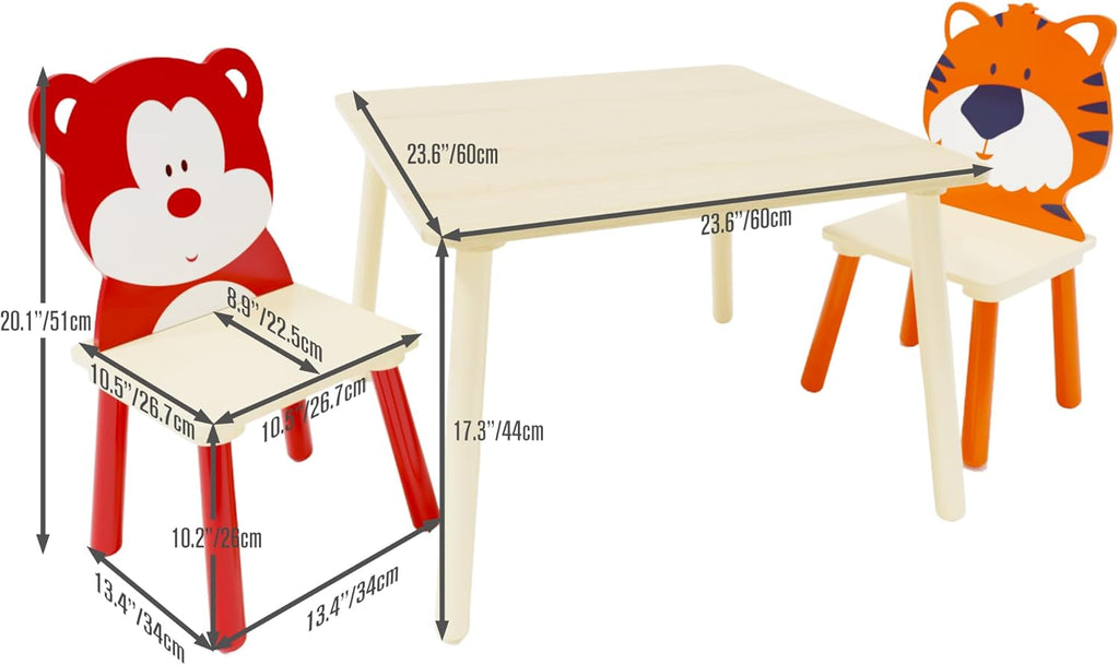 3 Pieces Table and Chair Set, Tiger & Bear Pattern Activity Play Set with Solid Wood Legs, Wooden Furniture for Playroom, Daycare & Kindergarten