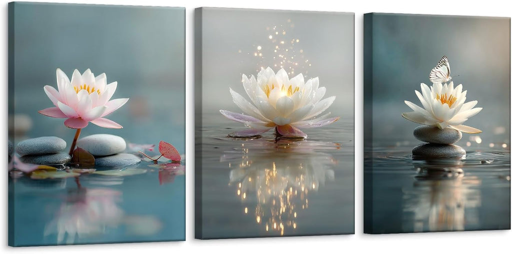 Calm Zen Lotus Stacked Stones Spa Wall Art, Modern Spiritual Lotus Blooming on Stones Artworks for Zen Office Serene Home Deco Meditation Rooms Yoga Studios and Zen Enthusiasts - Framed, 12"x16"x3