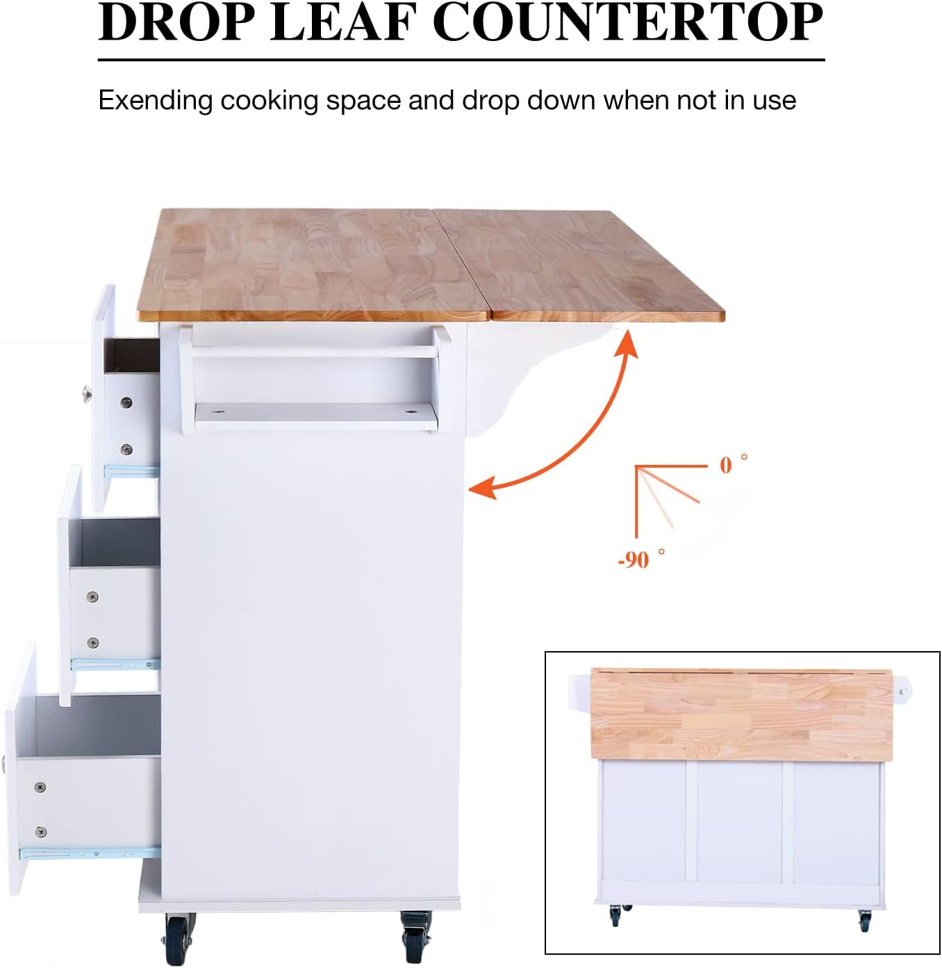 PHI VILLA Kitchen Island Cart on Wheels - Mobile Kitchen Island with Drop Leaf, Rolling Kitchen Table with Storage