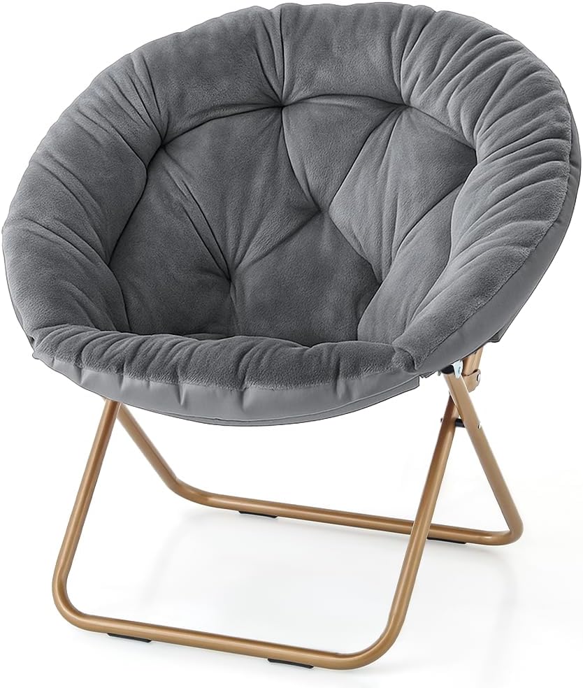 Magshion Saucer Chair for Adults, Comfy Living Room Lounge Chair for Bedroom Corner, Dorm, Apartment, Faux Fur Fluffy Circle Accent Seat with Thick Padded & Folding Metal Frame (Grey)