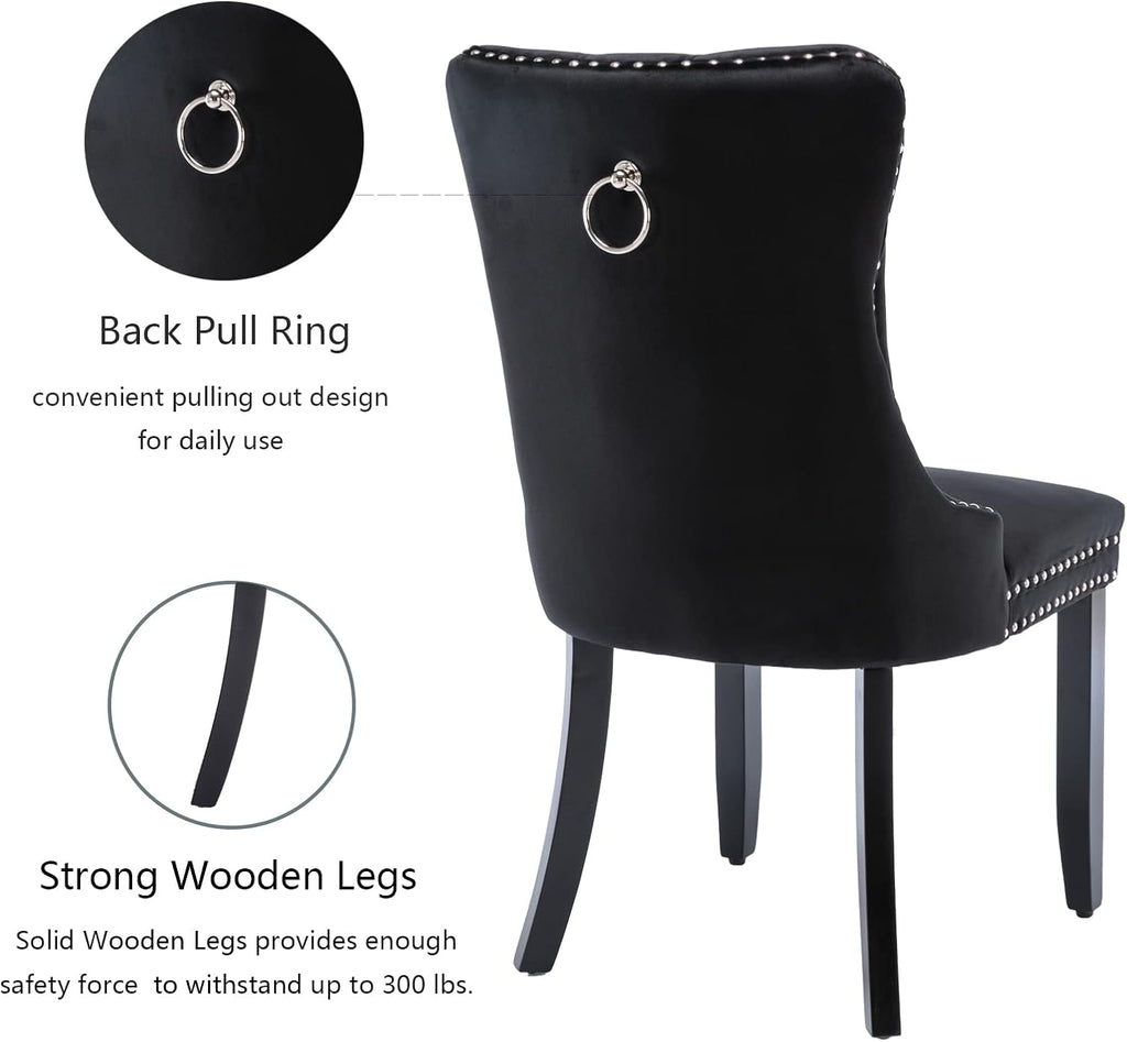 Black Velvet Dining Chairs Set of 4, Modern Upholstered Kitchen Chairs | Solid wood legs;wing back; ring pull; nailhead trim; easy assembly; upholstered dining room chairs for dining table