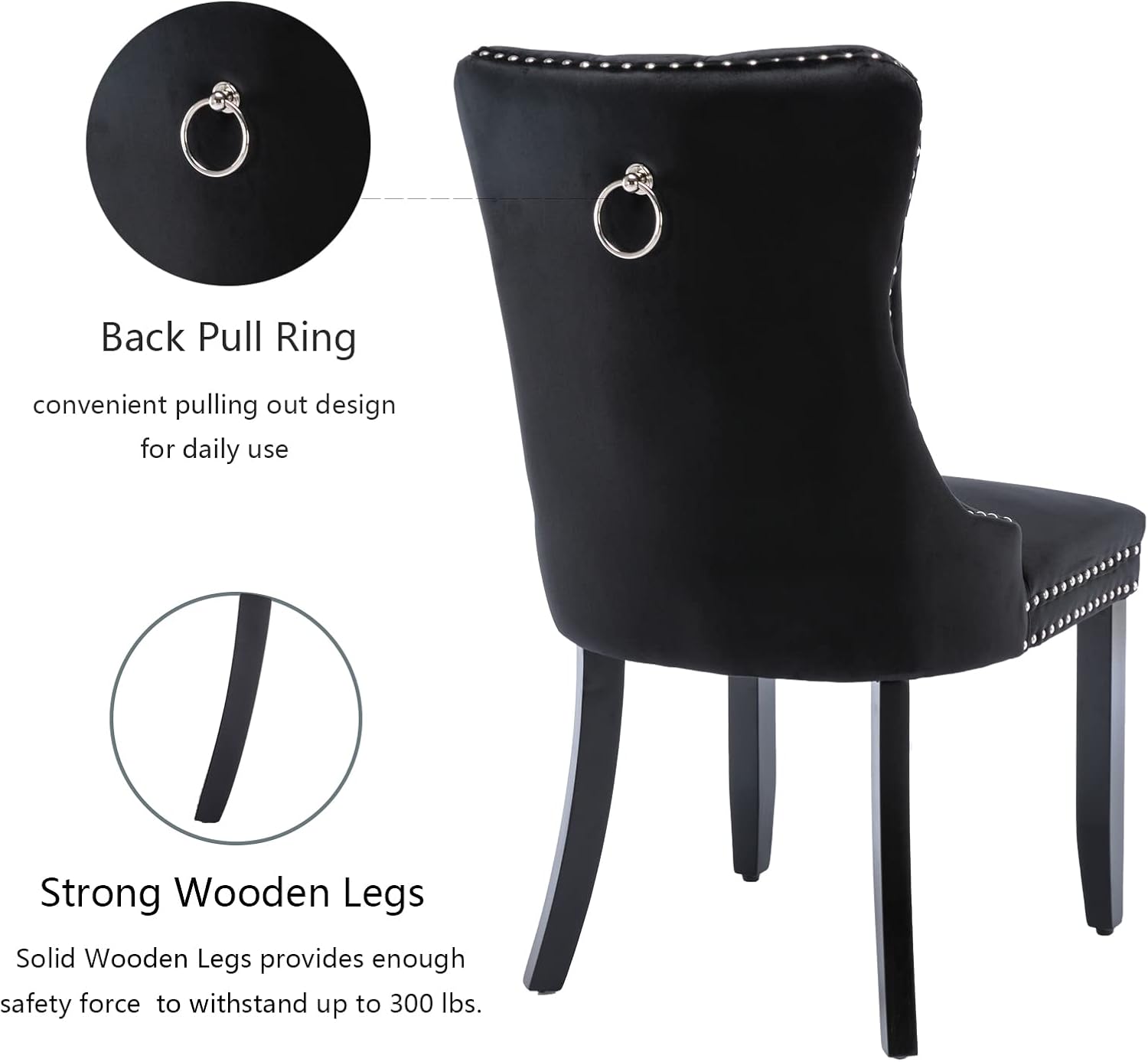 Black Velvet Dining Chairs Set of 4, Modern Upholstered Kitchen Chairs | Solid wood legs;wing back; ring pull; nailhead trim; easy assembly; upholstered dining room chairs for dining table