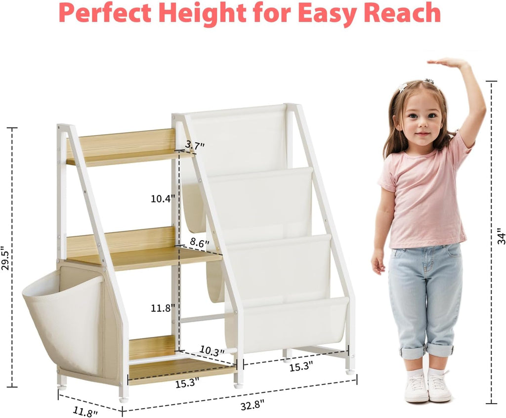 LATIBELL 3 Tier Kids Bookshelf and Toy Storage, Kids Bookcase Book Sling Shelf, Montessori Baby Toddler Bookshelf, Toy Storage Organizer, for Playroom, Bedroom, Nursery (Burlywood)