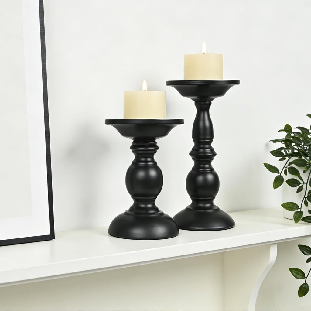 Earl Diamond Matte Black Pillar Candle Holders Set of 2, Vintage Iron Candle Holder for Table Centerpiece, Fireplace Decor, Dining and Living Room Decoration, Applicable to Pillar Candles