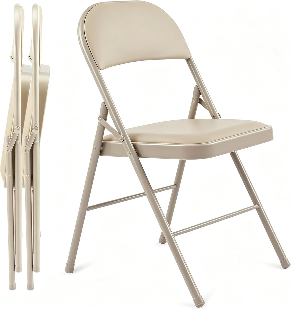 HealSmart 2 Pack Folding Chairs with Leather Padded Cushion Seats & Durable Metal Frame, Comfortable, Foldable, Portable, Commercial Event Seat, Indoor Outdoor for Home, Parties, Office, Kahki