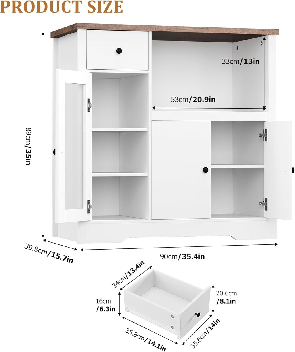 GarveeHome Kitchen Microwave Cabinet with Storage and Drawers, Modern Small Buffet Cabinet with Glass Doors and Adjustable Shelf, Wooden Sideboard with Wide Top for Dining Room, Living Room, White