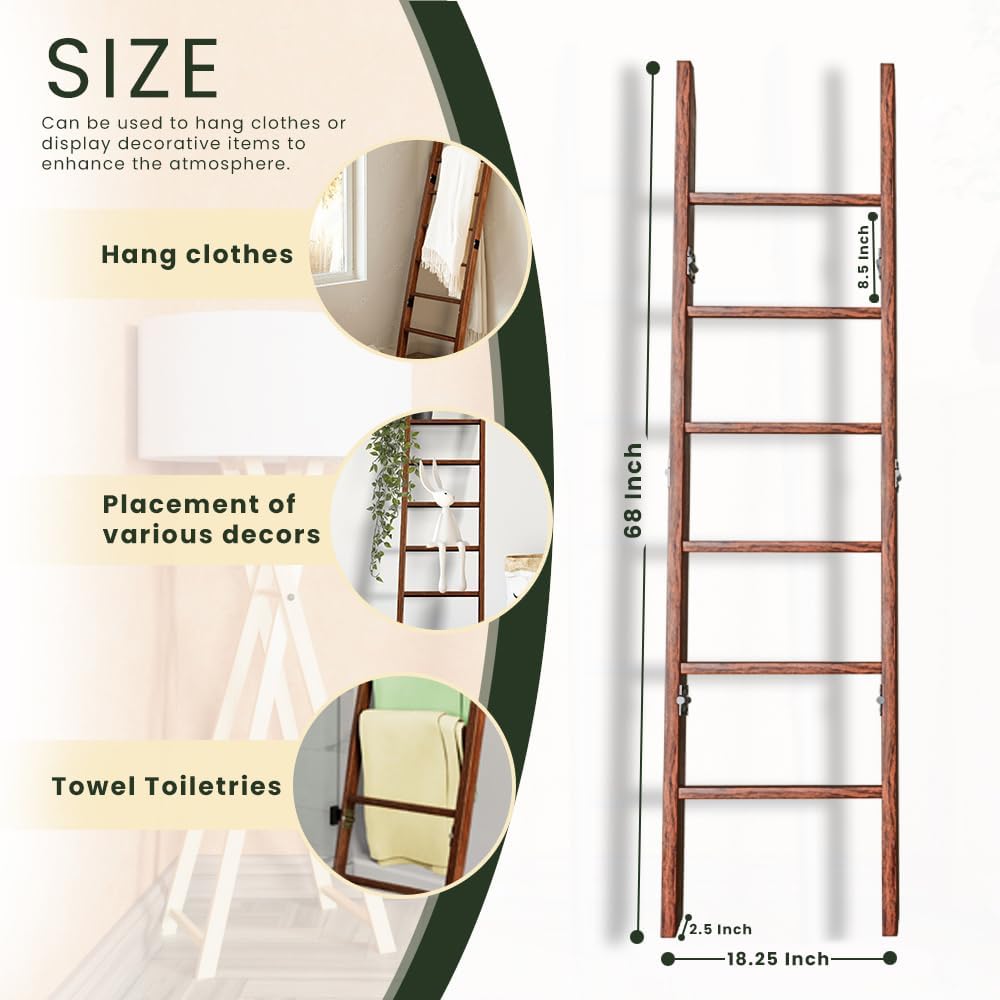 Decorative Foldable Wooden Blanket Ladder, 6-Tier Pine Wood Quilt Ladder 68" — Easy Assembly, Anti-Slip, Farmhouse Decor Rack Stand for Living Room, Bedroom Bathroom (Brown)
