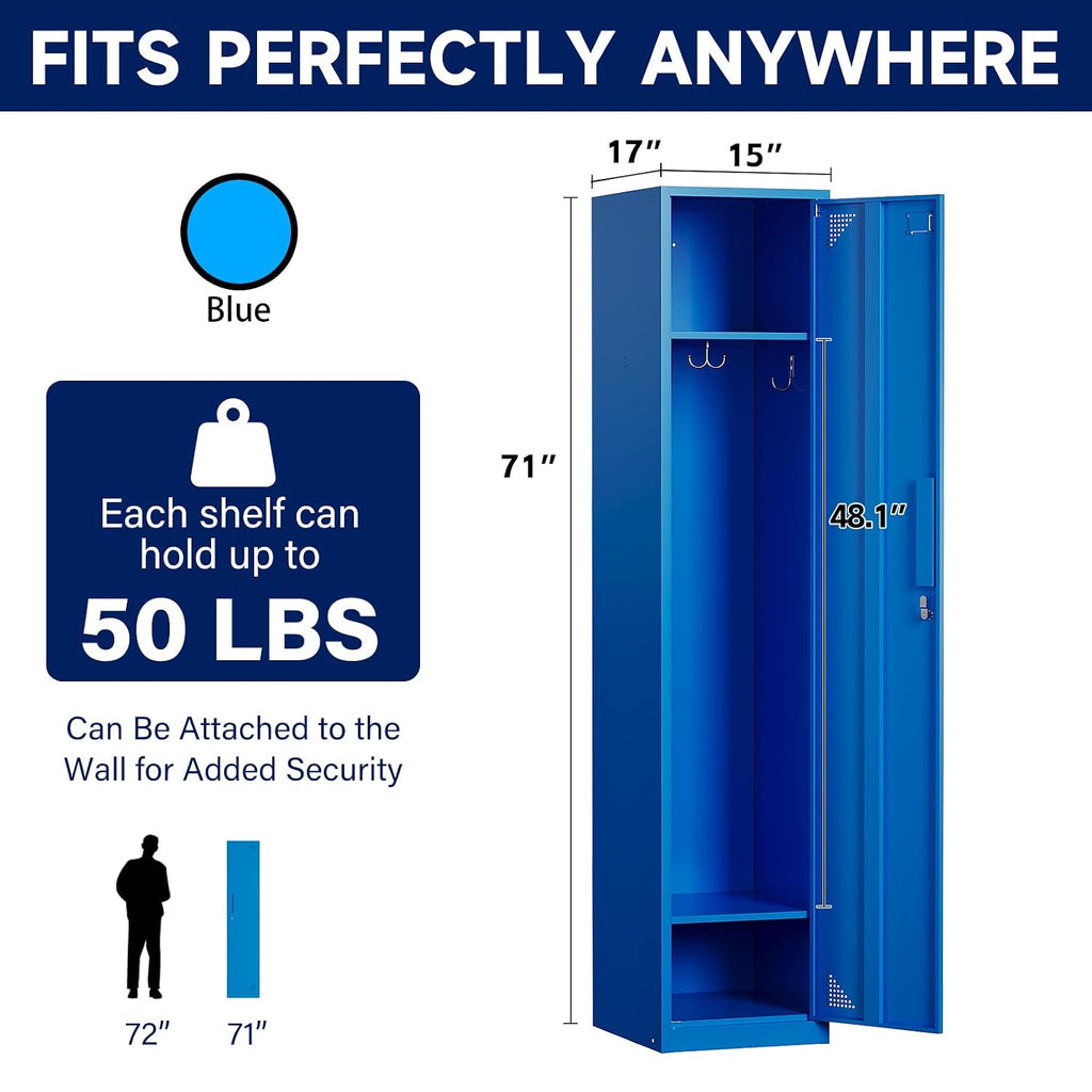 Yizosh Metal Locker with 1 Doors, Tall Steel Storage Lockers for Employees - 71" Locker Storage Cabinets for School, Gym, Home, Office, Garage (Blue)