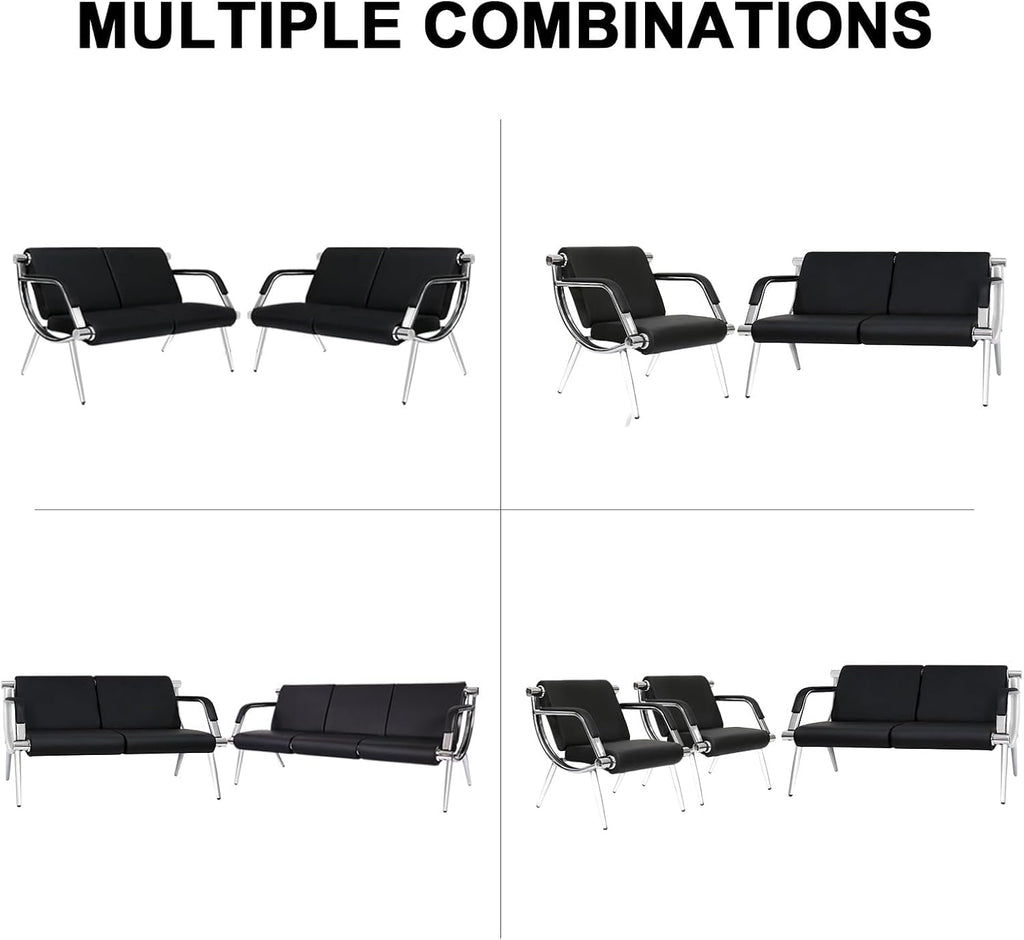 kinbor PU Leather Waiting Room Chairs - 2 Seat Guest Reception Seat Bench with Arms for Airport Hospital Office Salon, Black