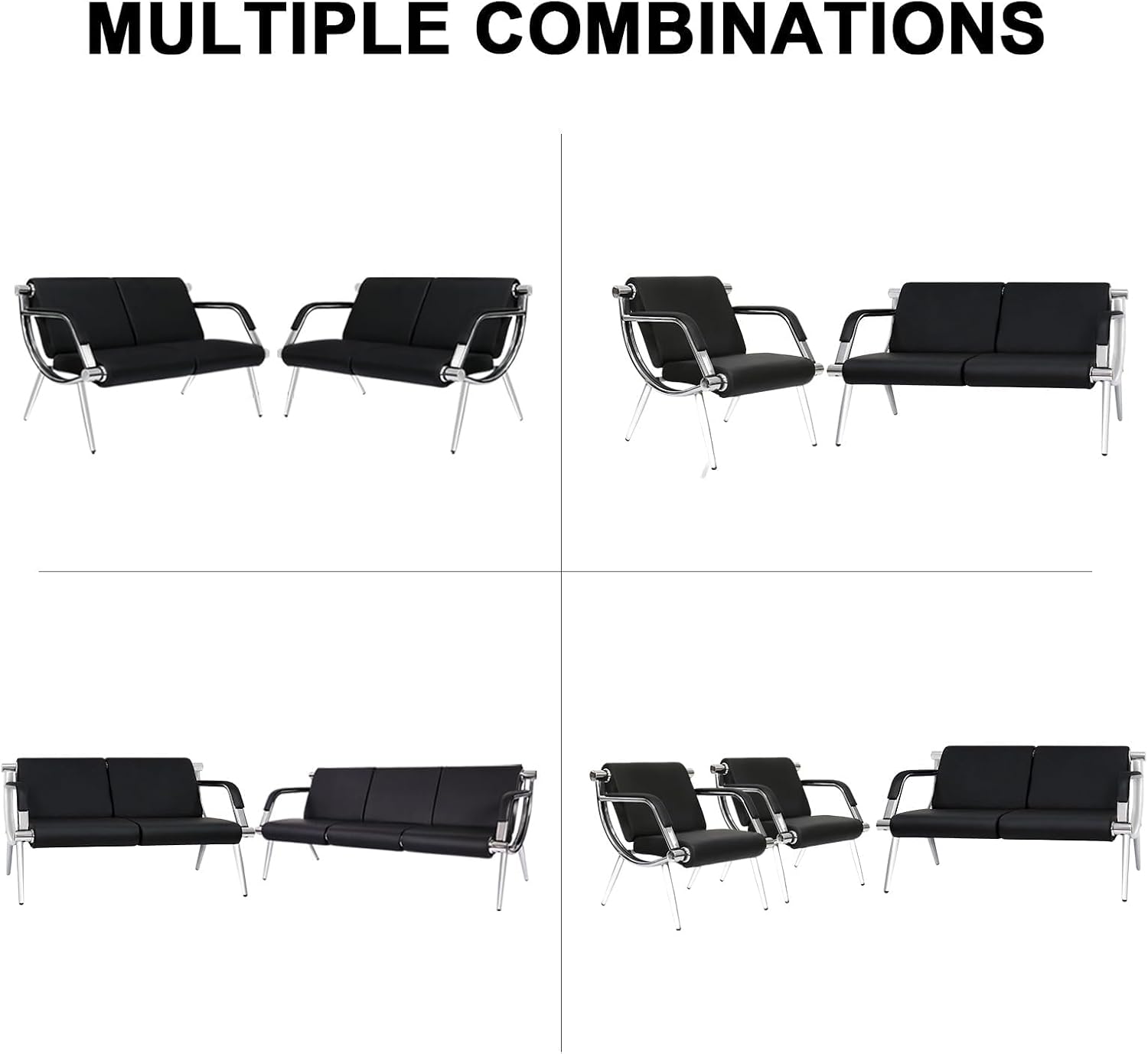 kinbor PU Leather Waiting Room Chairs - 2 Seat Guest Reception Seat Bench with Arms for Airport Hospital Office Salon, Black