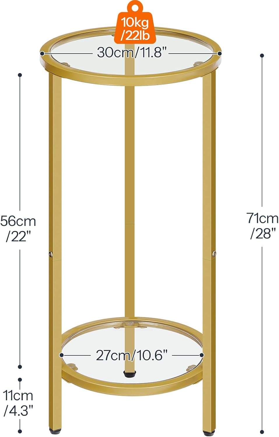 HOOBRO Small Round Side Table, Gold Accent End Table with Tempered Glass Tabletop, 28” H Nightstand for Small Space, Living Room, Bedroom, Balcony, Gold GD228BZ01