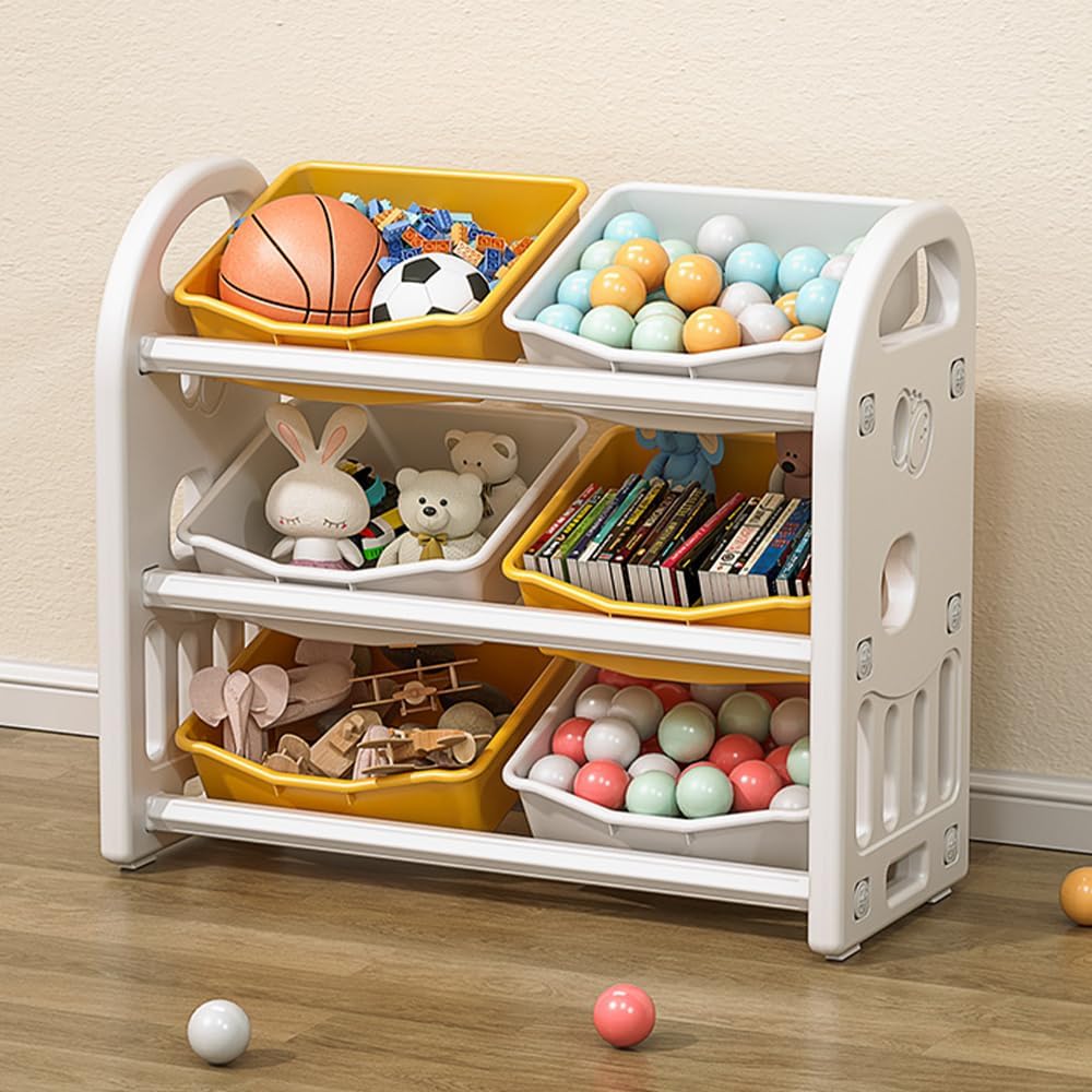 Toy Storage Organizer with 6 Bins, Multi Functional Nursery Organizer Furniture Set Toy Storage Cabinet Unit with HDPE Shelf and Bins for Playroom, Bedroom, Living Room (Yellow White Color)