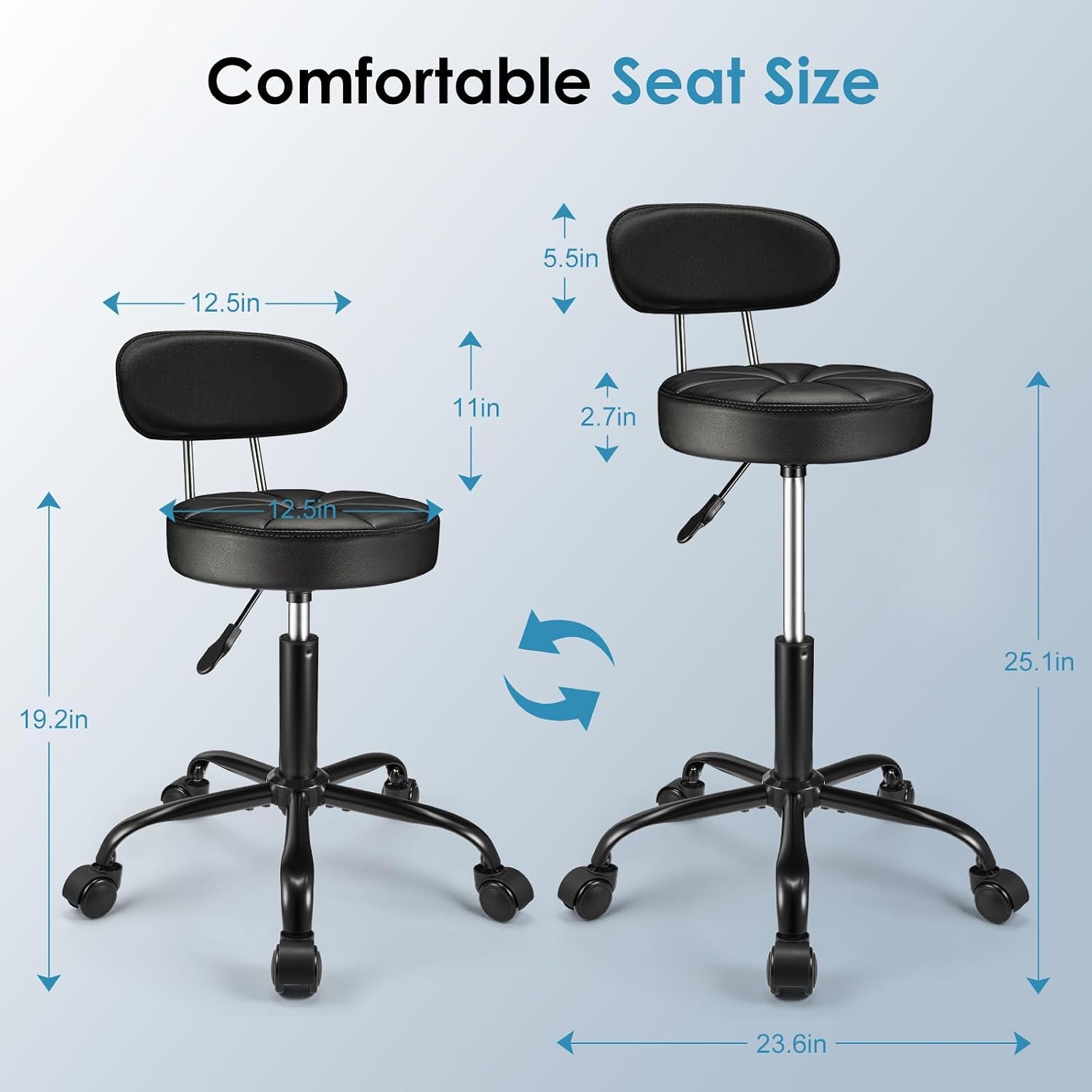 PU Leather Rolling Stool with Back Support Height Adjustable Swivel Stool Chair with Wheels Drafting Chair for Spa Slaon Massage Stable Base Foot Black