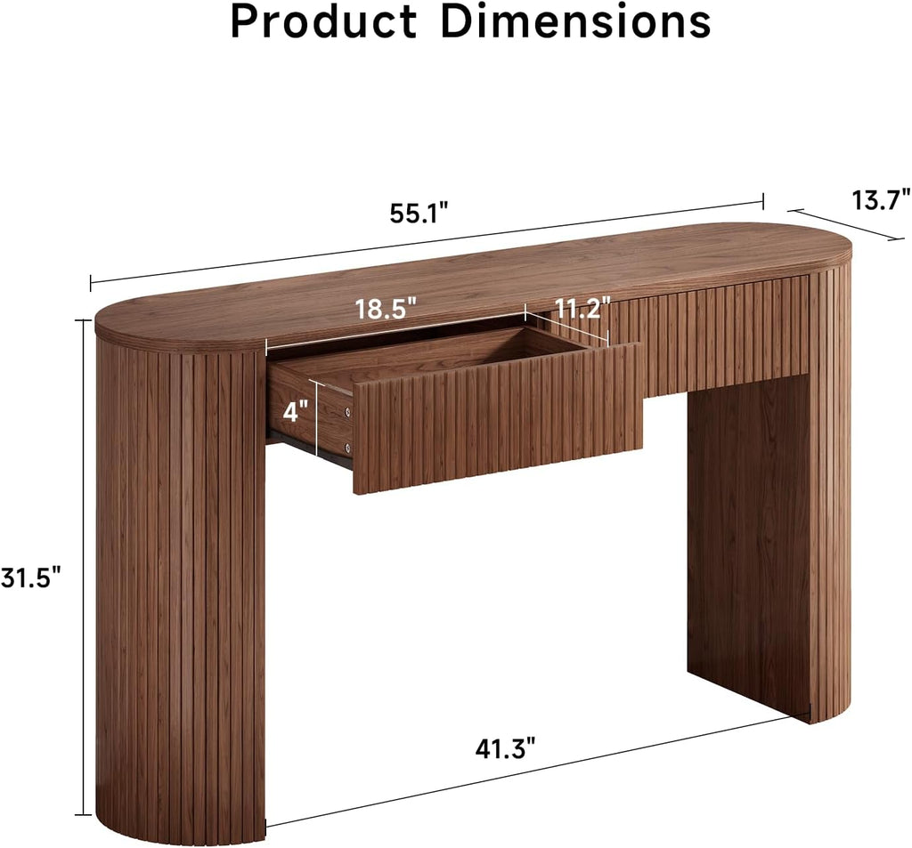 Console Table with Storage Drawers, 55 Inch Fluted Entryway Tables, Mid-Century Sofa Table Behind Couch, Wood Thin Hallway Tables, Modern Foyer Table for Living Room, Hallway, Accent Home Decor Walnut