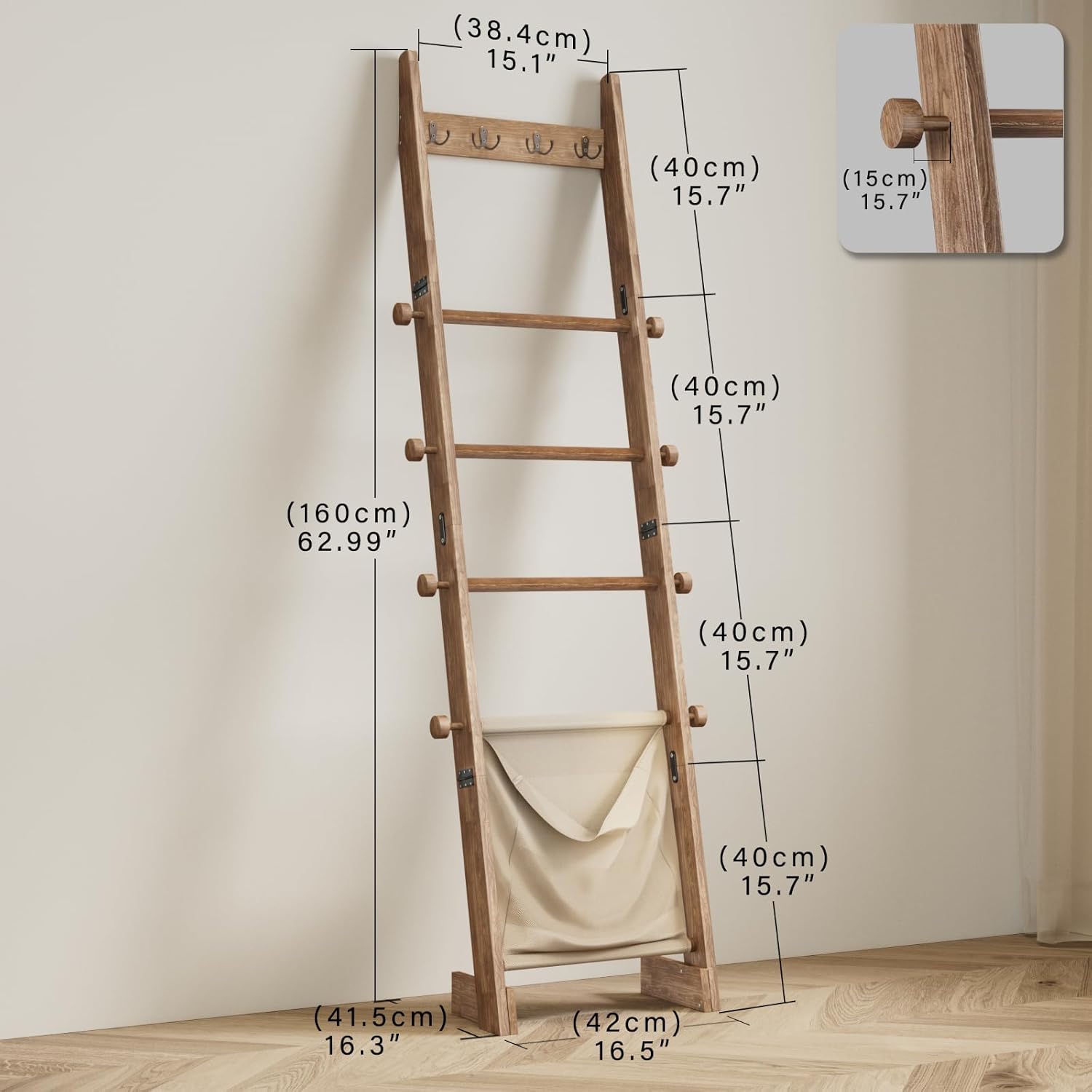 REFGY 5-Tier Blanket Ladder Shelf, 5.3FT (63'') Wall Leaning Blanket Ladders for Living Room Bedroom, Decorative Quilt Rack with 4 Metal Hooks, Rustic Farmhouse Decorative Ladder for Blankets, Brown