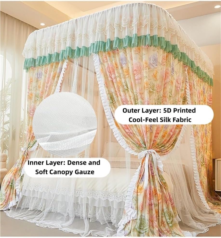Lace Canopy Bed Curtains, U-Shaped Rail Bed Canopy with Metal Frame, Double Layer Mosquito Net Canopy for Twin Full Queen Beds, Bedroom Decor(Green,W70.9 x L86.6in)
