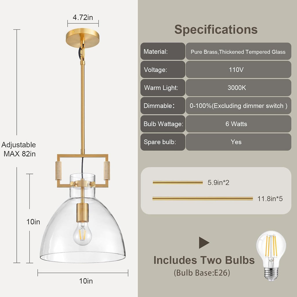 Modern Large Brass Kitchen Island Pendant Light, 10 '' W 1-Light Glass and Gold Island Pendant Lights,Dome Pendant Light, for Kitchen,Dining Room,Bathroom,Bar
