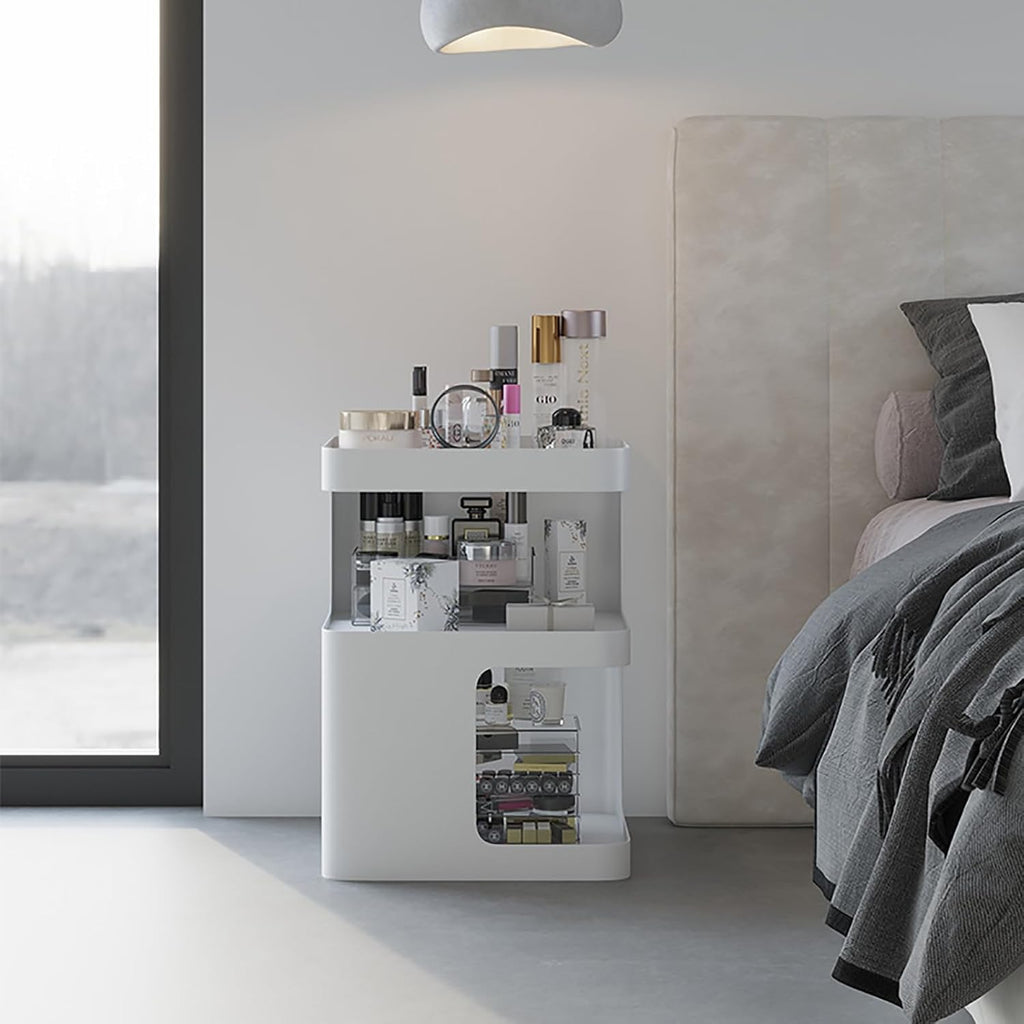 No Assembly Side Table, Modern 3-Tier Carbon Steel Side Table for Living Room Bedroom, Unique Geometric End Table Nightstand with Storage, Sturdy Sofa Table for Small Spaces (Cream White, Medium)