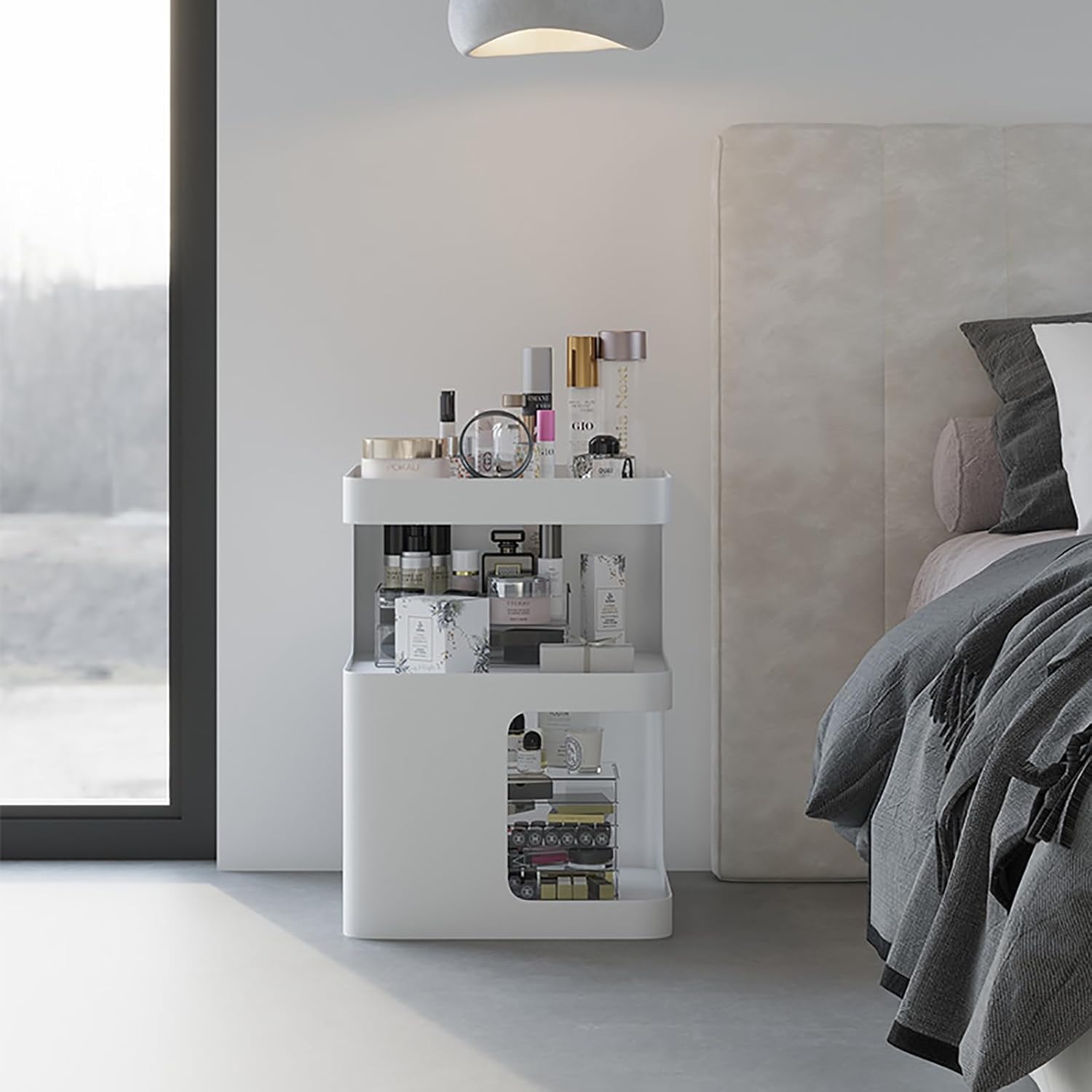 No Assembly Side Table, Modern 3-Tier Carbon Steel Side Table for Living Room Bedroom, Unique Geometric End Table Nightstand with Storage, Sturdy Sofa Table for Small Spaces (Cream White, Medium)