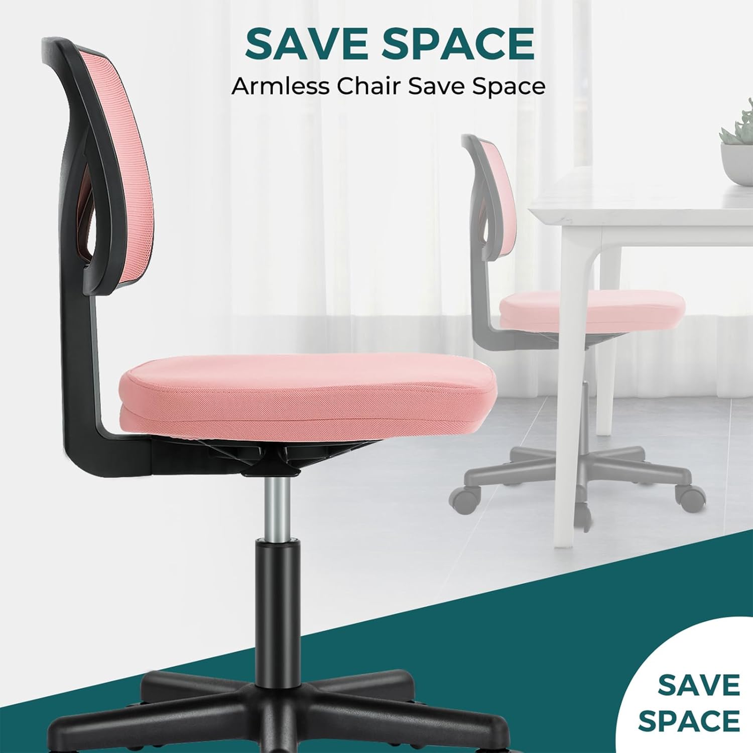 DUMOS Small Office Chair Armless, Ergonomic Adjustable Home Office Swivel Rolling Task Chair No Arms, Comfy Mesh Mid Back Computer Work Vanity Desk Chiars with Wheels for Small Spaces, Hot Pink