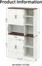 71'' Farmhouse Kitchen Pantry Cabinet,LED Sideboard with Hutch&Glass Holder,Tall Kitchen Cabinet with Barn Doors, Pantry Hutch with Countertop&Shelves for Dining Room