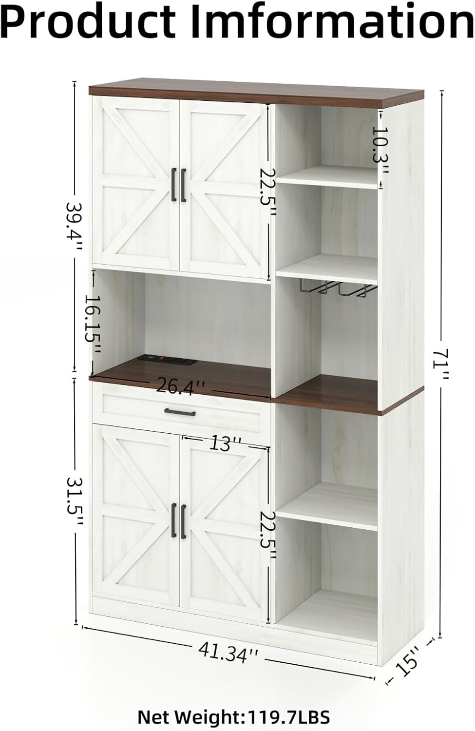 71'' Farmhouse Kitchen Pantry Cabinet,LED Sideboard with Hutch&Glass Holder,Tall Kitchen Cabinet with Barn Doors, Pantry Hutch with Countertop&Shelves for Dining Room
