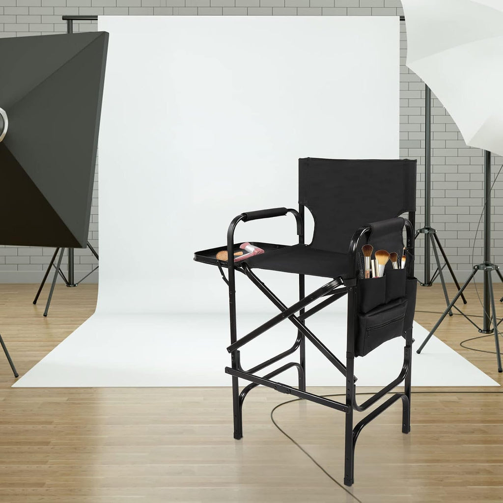 OmySalon 31" Tall Directors Chair Black Folding with Side Table Storage Bag,Aluminum Frame 300 lbs Capacity, 33.8" L x 19.2" W x 45.6" H,Portable Makeup Artist Bar Height