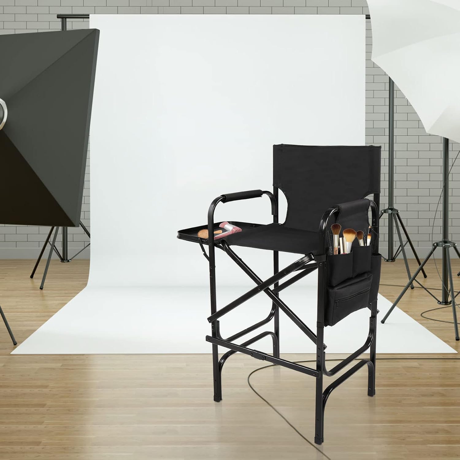 OmySalon 31" Tall Directors Chair Black Folding with Side Table Storage Bag,Aluminum Frame 300 lbs Capacity, 33.8" L x 19.2" W x 45.6" H,Portable Makeup Artist Bar Height