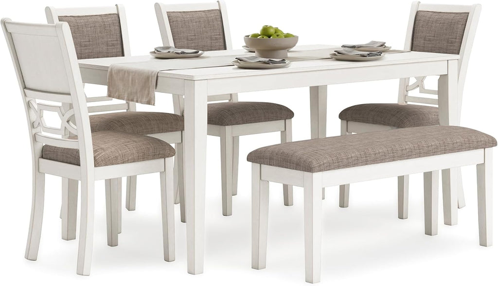 Signature Design by Ashley Erinberg Casual Dining Table with 4 Armless Upholstered Chairs and Bench, Set of 6, White & Light Gray