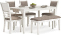 Signature Design by Ashley Erinberg Casual Dining Table with 4 Armless Upholstered Chairs and Bench, Set of 6, White & Light Gray