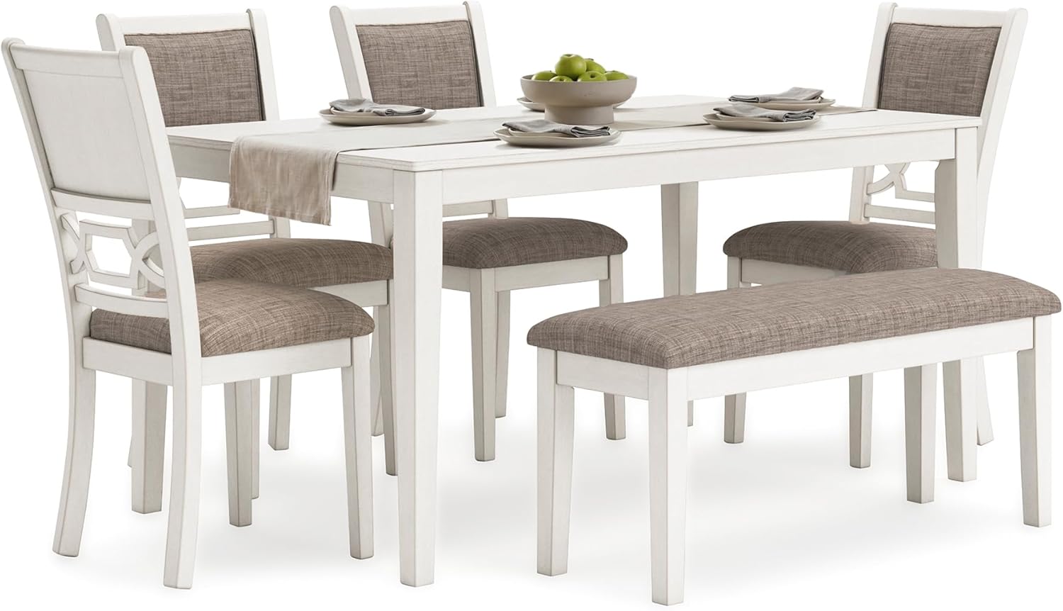 Signature Design by Ashley Erinberg Casual Dining Table with 4 Armless Upholstered Chairs and Bench, Set of 6, White & Light Gray