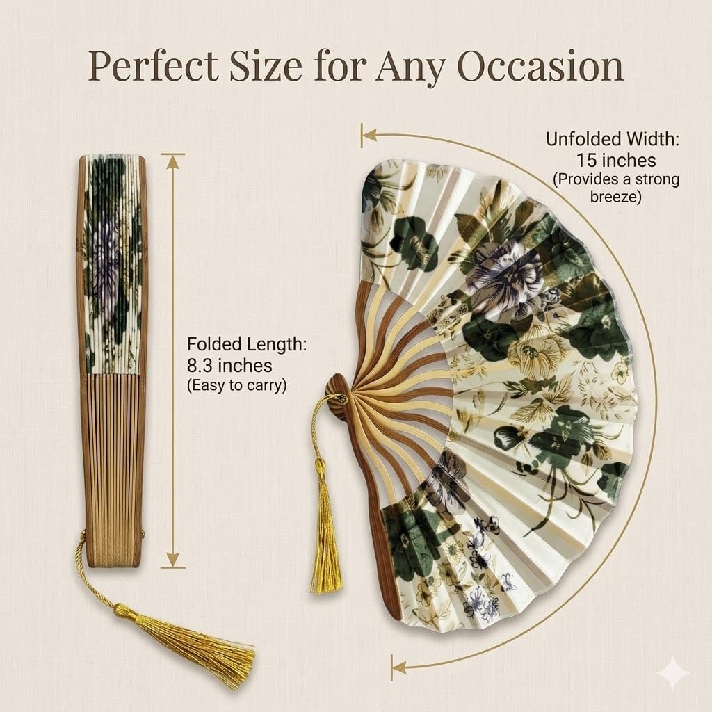 Vintage Floral Folding Hand Fan with Tassel, Chinese Style Fabric Hand Fan for Wedding, Dance, and Home Decor, Portable Elegant Fan for Women (Green Floral)