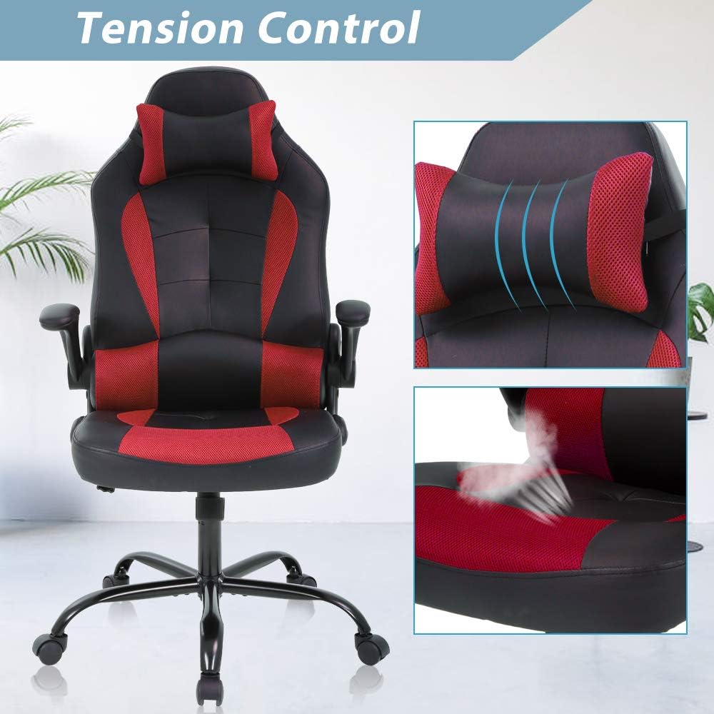 Red Gaming Chair, Ergonomic High Back Executive Office Chair with Flip-Up Arms, Adjustable Height, PU Leather, 300 lbs Weight Capacity