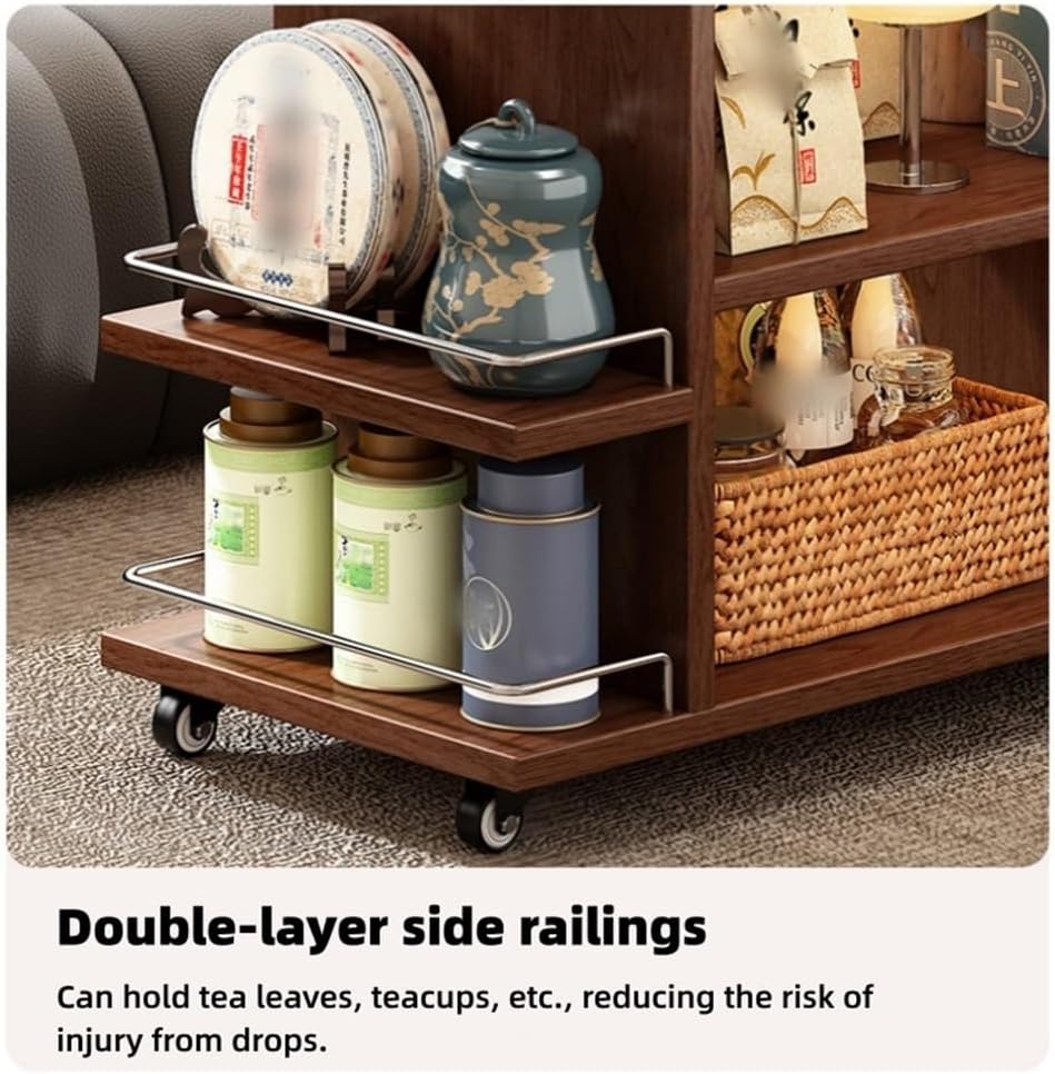 Wooden Side Table with Wheels, Large Capacity Storage End Table, 3 Tier Rolling Cart, Small Couch Table Suitable for Balcony, Living Room and Bedroom
