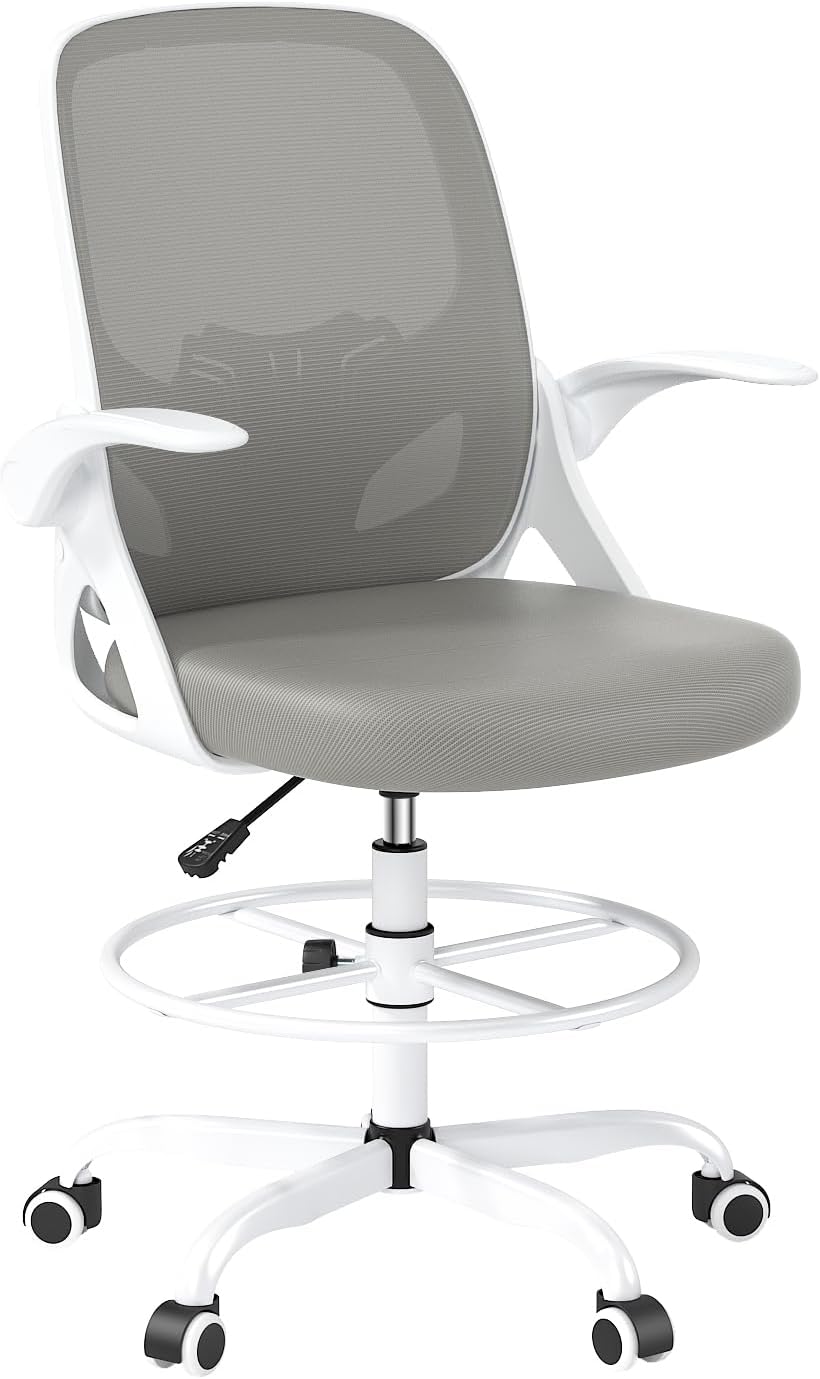 Kensaker Drafting Chair Tall Office Chair, Ergonomic Standing Desk Chair with Adjustable Foot Ring and Flip-up Armrests, Mesh Computer Chair for Art Studio, 300 LBS, Gray