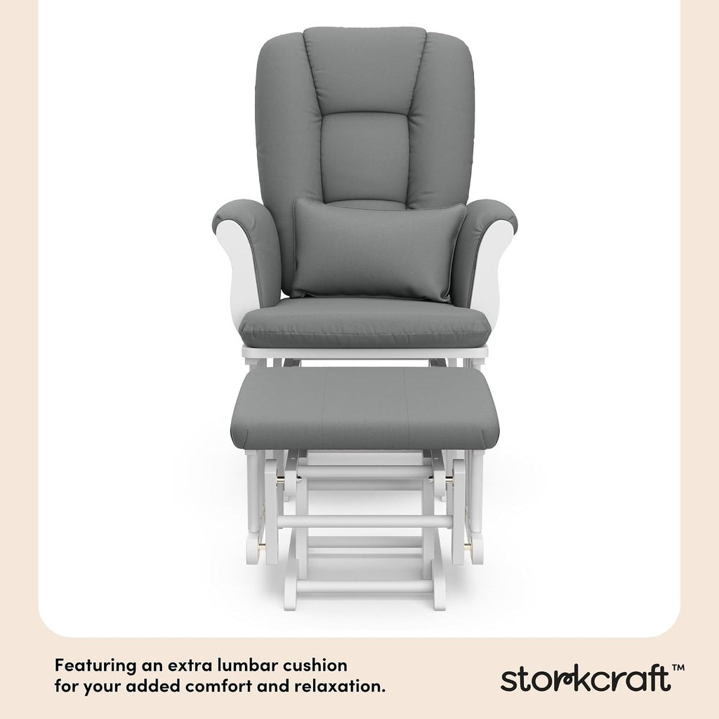 Storkcraft Tuscany Custom Glider and Ottoman with Free Lumbar Pillow (White/Grey) - Cleanable Upholstered Comfort Rocking Nursery Chair with Ottoman