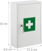 Relaxdays Medicine Cabinet, Lockable, 2 Compartments, 32 x 21.5 x 9.5 cm, Wall Mounted, First Aid, Metal, White/Green, Iron