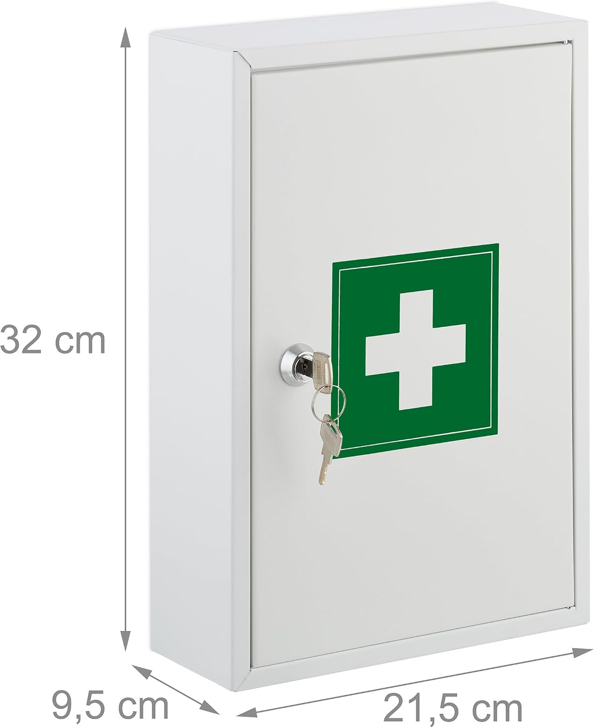 Relaxdays Medicine Cabinet, Lockable, 2 Compartments, 32 x 21.5 x 9.5 cm, Wall Mounted, First Aid, Metal, White/Green, Iron