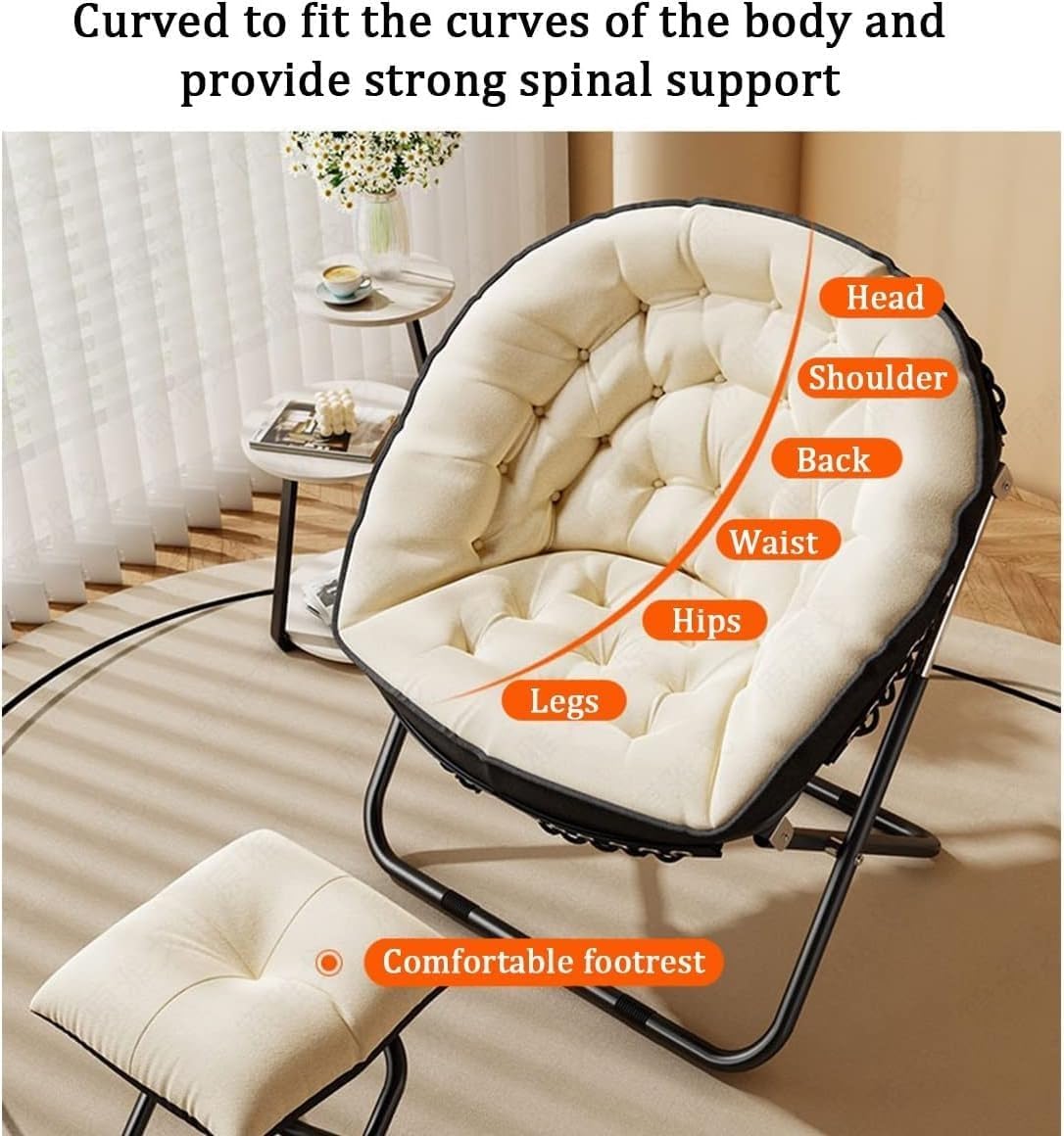 Oversized Folding Saucer Chair with Carbon Steel Frame for Living Room Lounge and Office Beige Color(Orange)