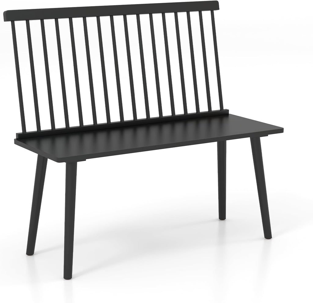 Giantex Dining Bench with Back, Black Windsor Bench with Spindle Back & Anti-Slip Foot Pads, Farmhouse Rubber Wood Dining Bench, Indoor Wooden Entryway Bench for Living Room, Dining Room, Hallway