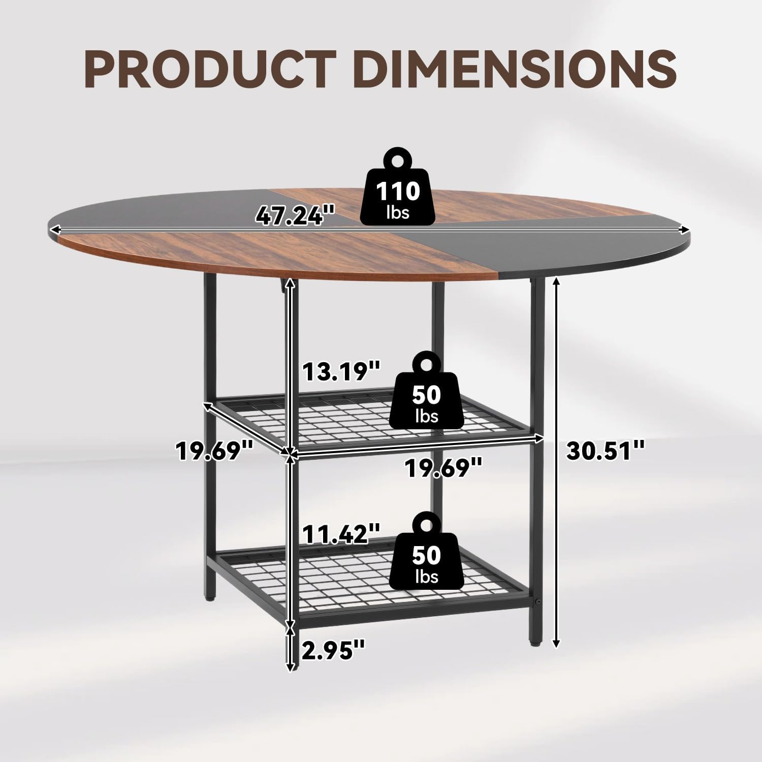 EROMMY Round Dining Table for 4, Wood Kitchen Table with Storage Shelves, Farmhouse Dinner Table for Home Dining Room Kitchen Living Room, Black Rustic Brown(Only Table)