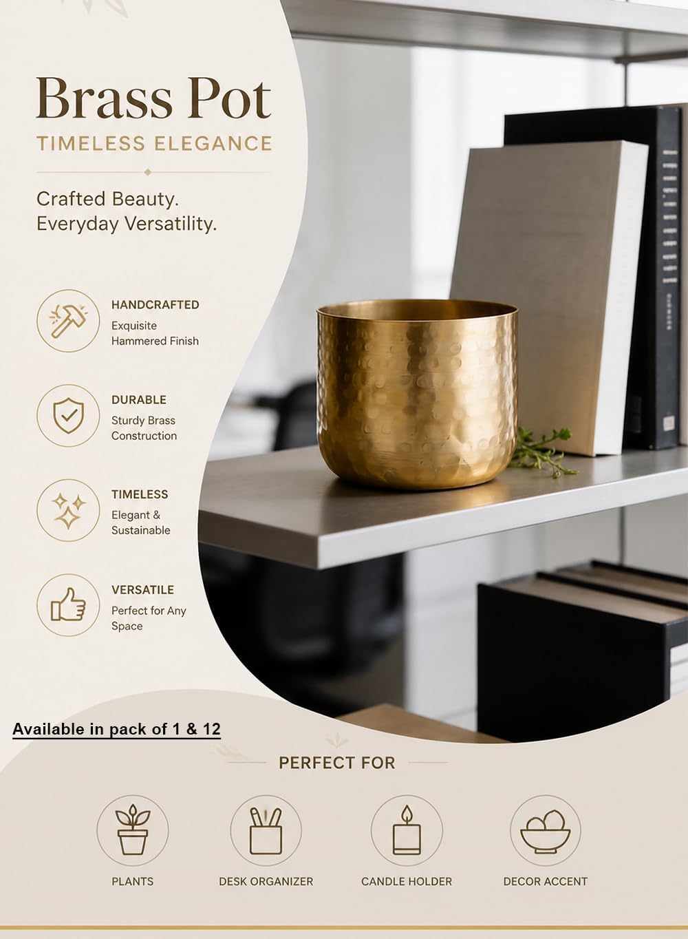 Serene Spaces Living Antique Brass Look Gold Hammered Pots, Indoor Planter, Decorative Accent for Potted Plants, Gold Flower Vase for Wedding or Event Centerpiece, Extra Small, 5" Diameter & 4" Tall