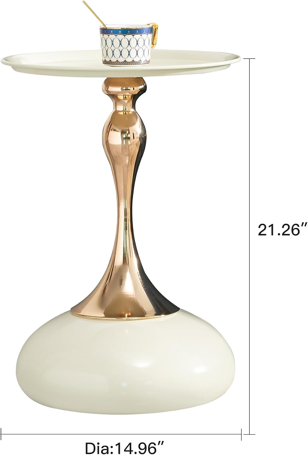 Round Side Table, White and Rose Gold, Cocktail End Table for Living Room, 14.96" Dia x 21.26", Glossy Finish