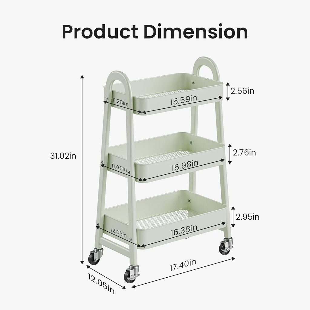 DUMOS 3 Tiers Metal Rolling Utility Cart with Lockable Wheels, Mobile Storage Organizer, Utility Shelving Unit for Kitchen, Office, Bathroom, Laundry, Narrow Places, Light Green